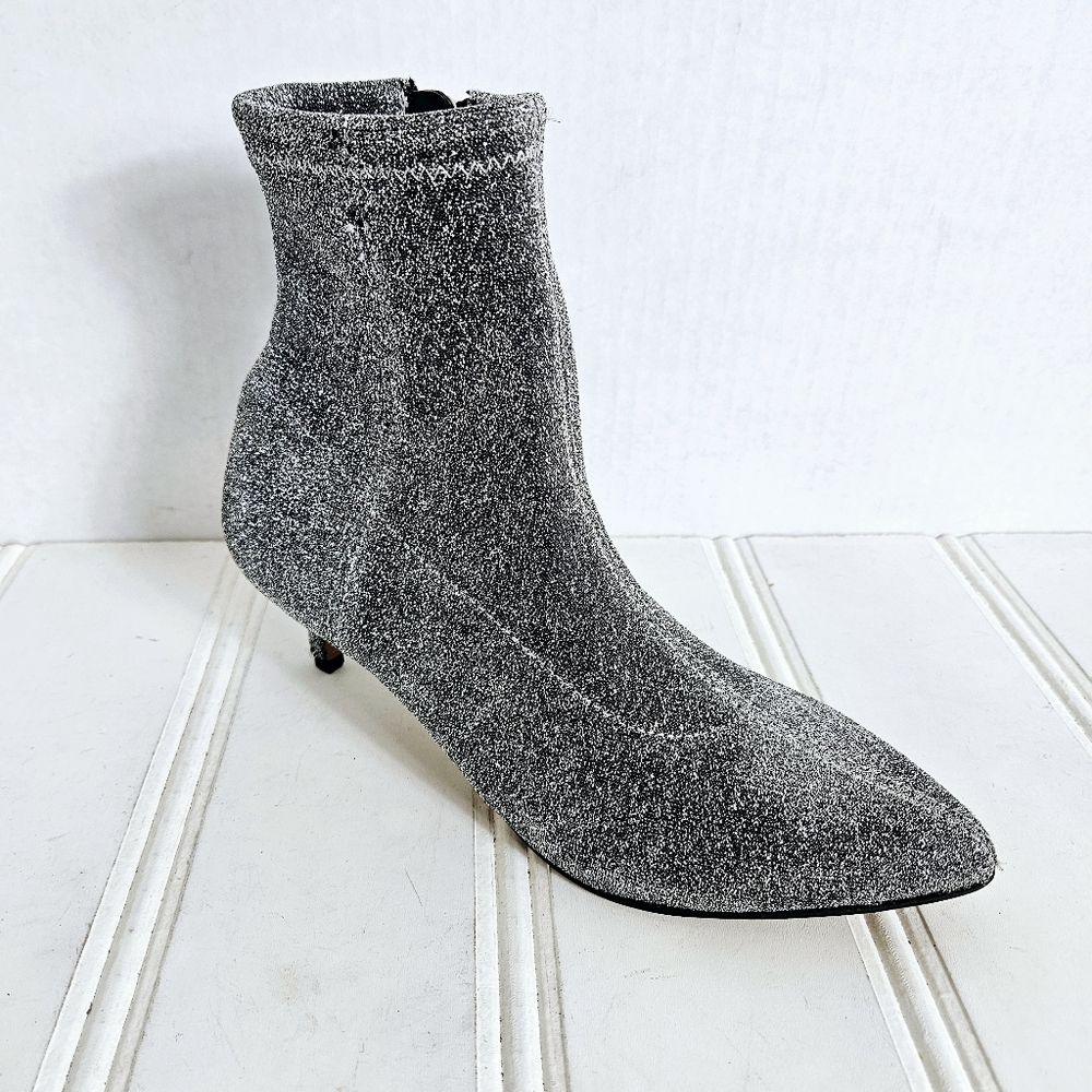 Rebecca Minkoff Ankle Booties Size 6 Sayres Glitter Sock Pointed Toe Silver Glam